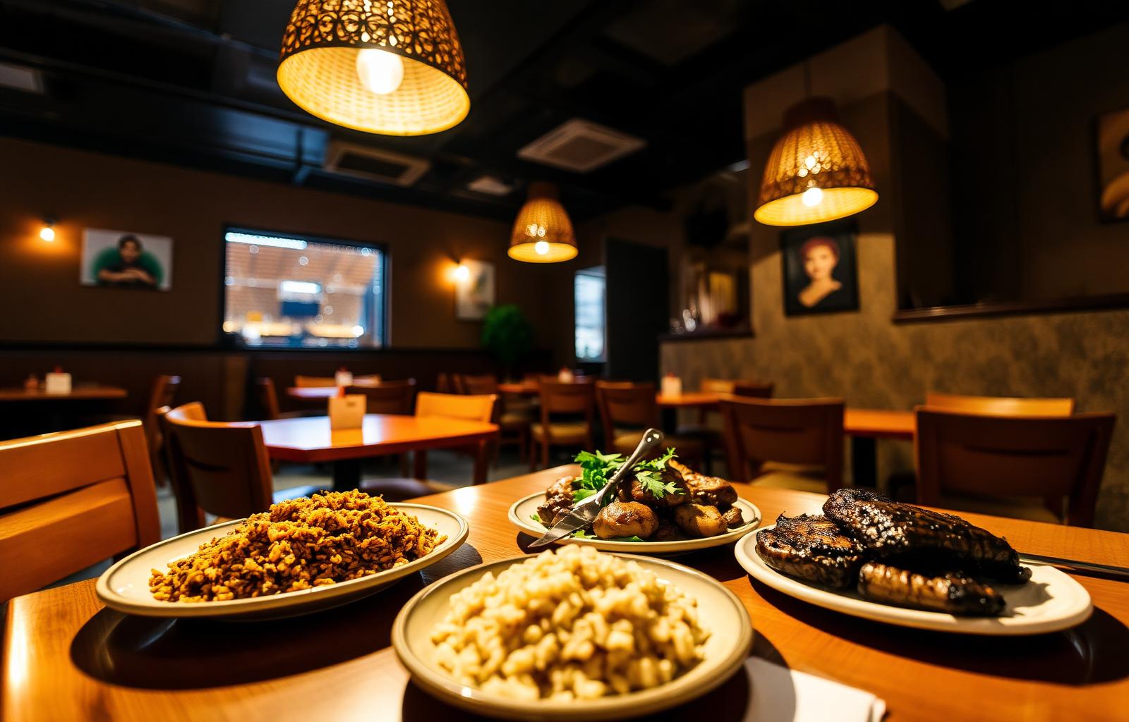Open Heavens Restaurant interiør med dampende retter på bordet