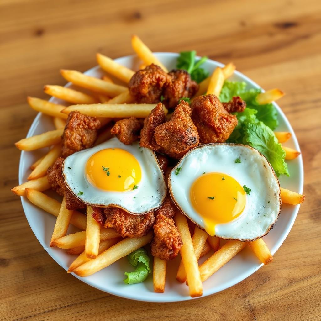 Fries with Crispy Pork and Fried Eggs